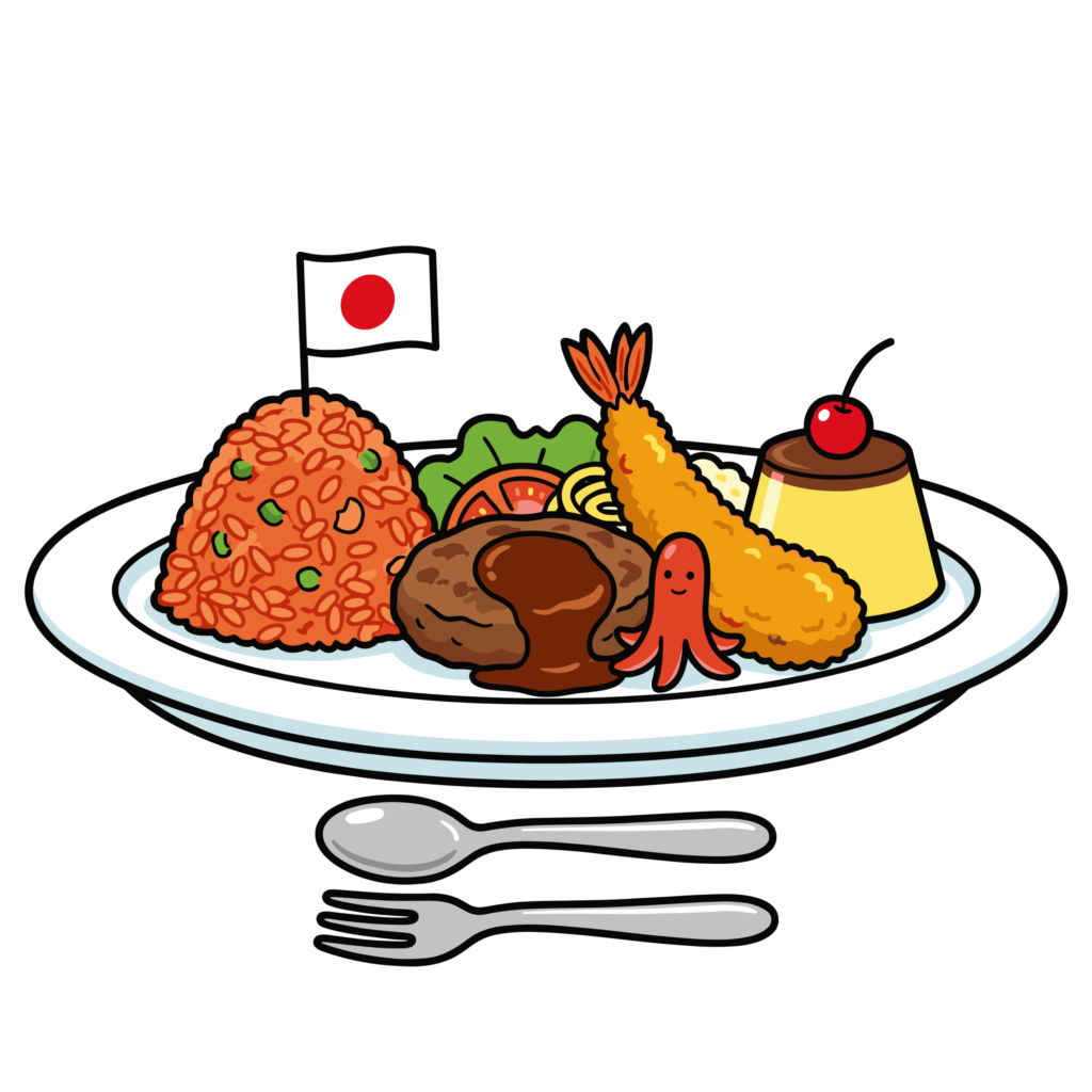 お子様ランチ風のプレートイラスト。オムライスやハンバーグ、エビフライ、プリンが並んだかわいい背景透過素材です。