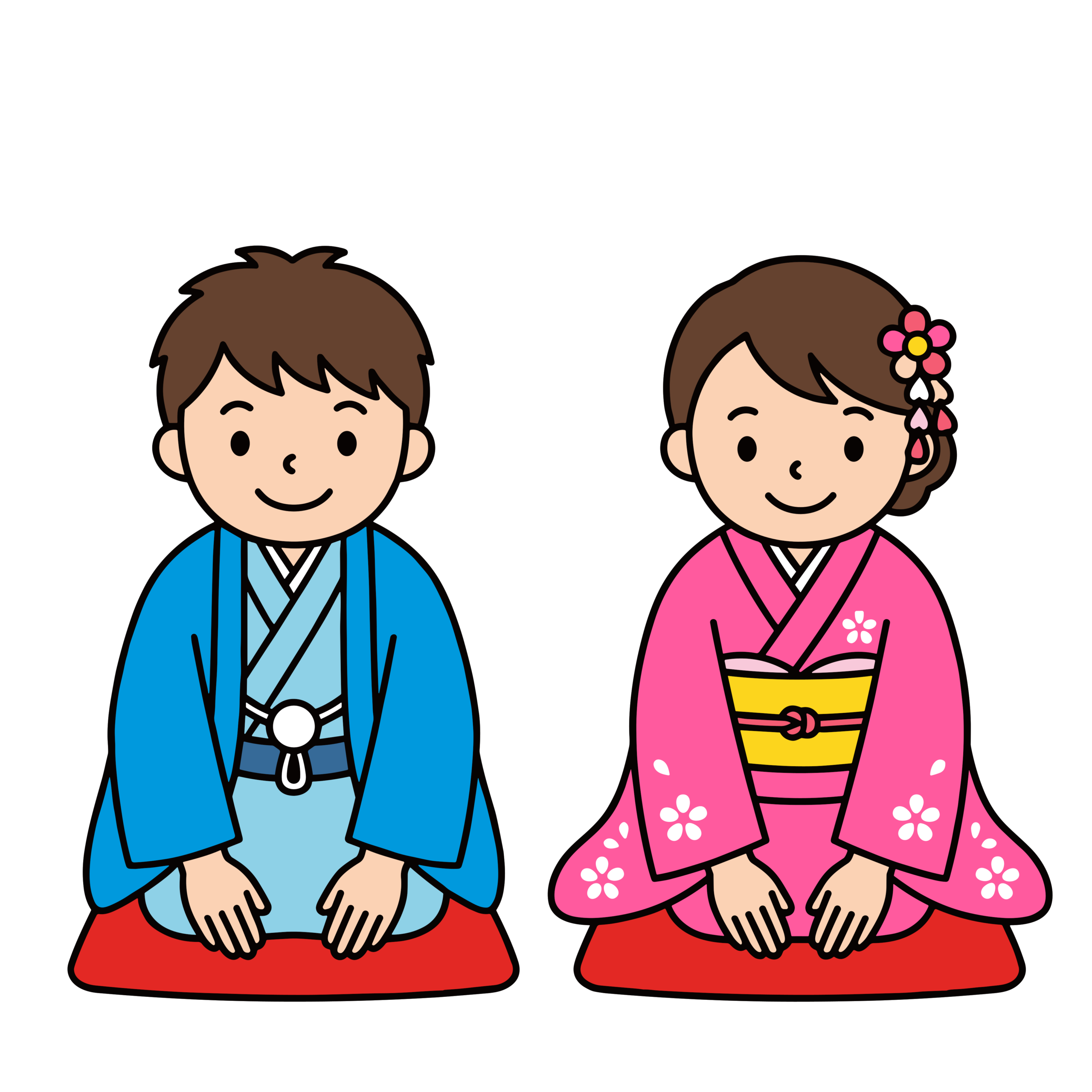 着物姿の男女が正座して並ぶかわいいイラスト。お正月や和風の挨拶シーンに使いやすいフリー素材です。