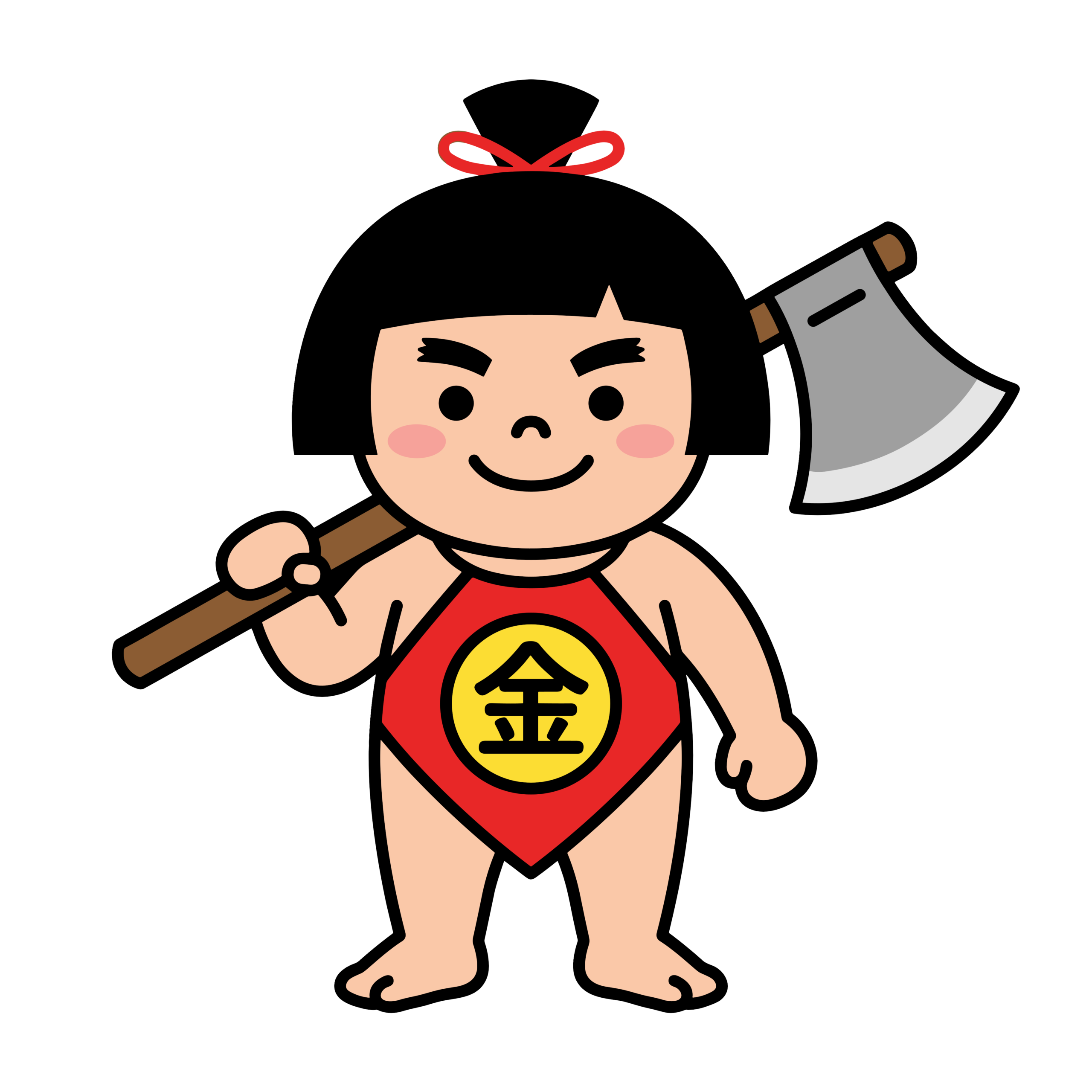 まさかりを肩にかついだ金太郎のかわいいイラスト。昔話をイメージした背景透過PNG素材。