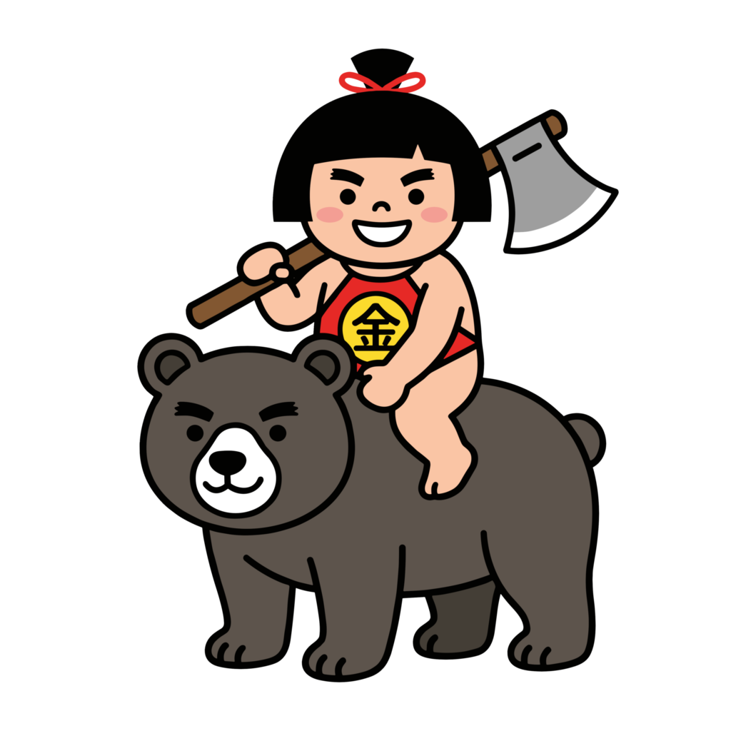 熊に乗ってまさかりを持つかわいい金太郎のイラスト。昔話モチーフで使いやすい背景透過フリー素材です。