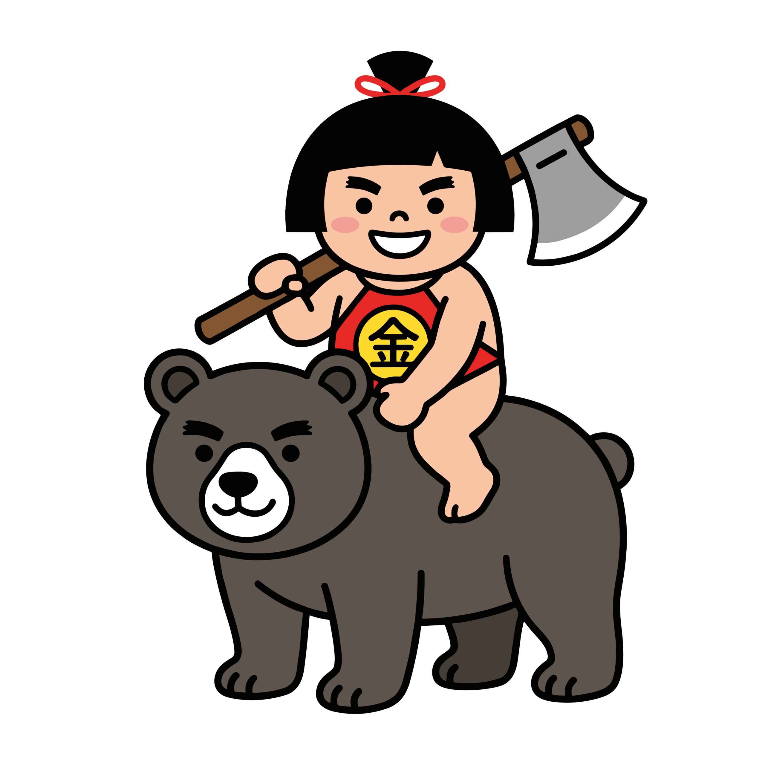 熊に乗り、まさかりを持った金太郎のかわいいイラスト。昔話をイメージした背景透過PNG素材。