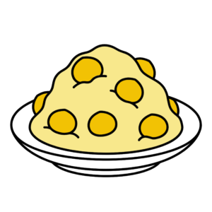 黄色くてつやのあるきんとんのかわいいイラスト。おせち料理やお正月に使いやすい縁起の良いフリー素材です。