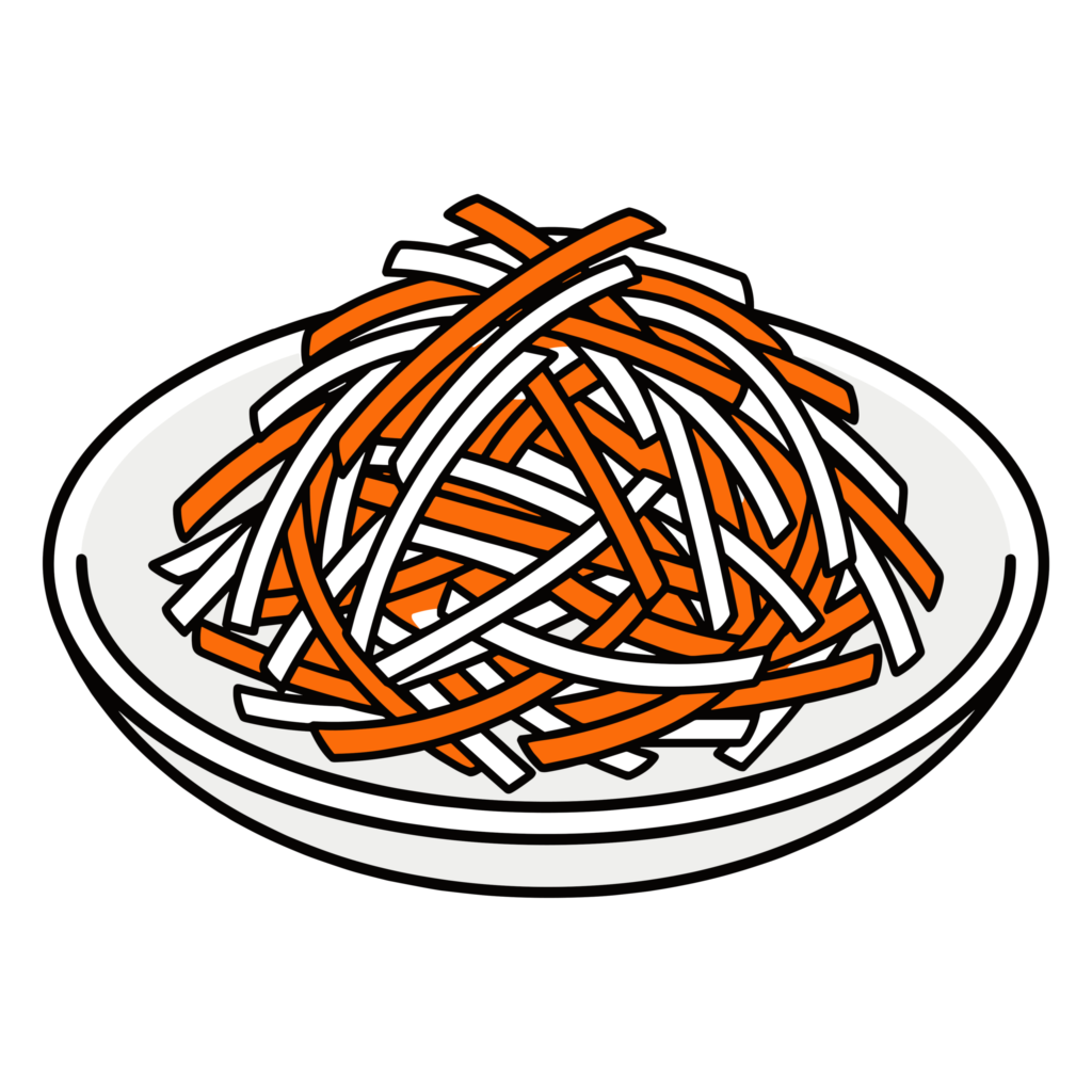 大根とにんじんを使った紅白なますのかわいいイラスト。おせち料理やお正月に使いやすい縁起の良いフリー素材です。