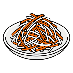 大根とにんじんを使った紅白なますのかわいいイラスト。おせち料理やお正月に使いやすい縁起の良いフリー素材です。