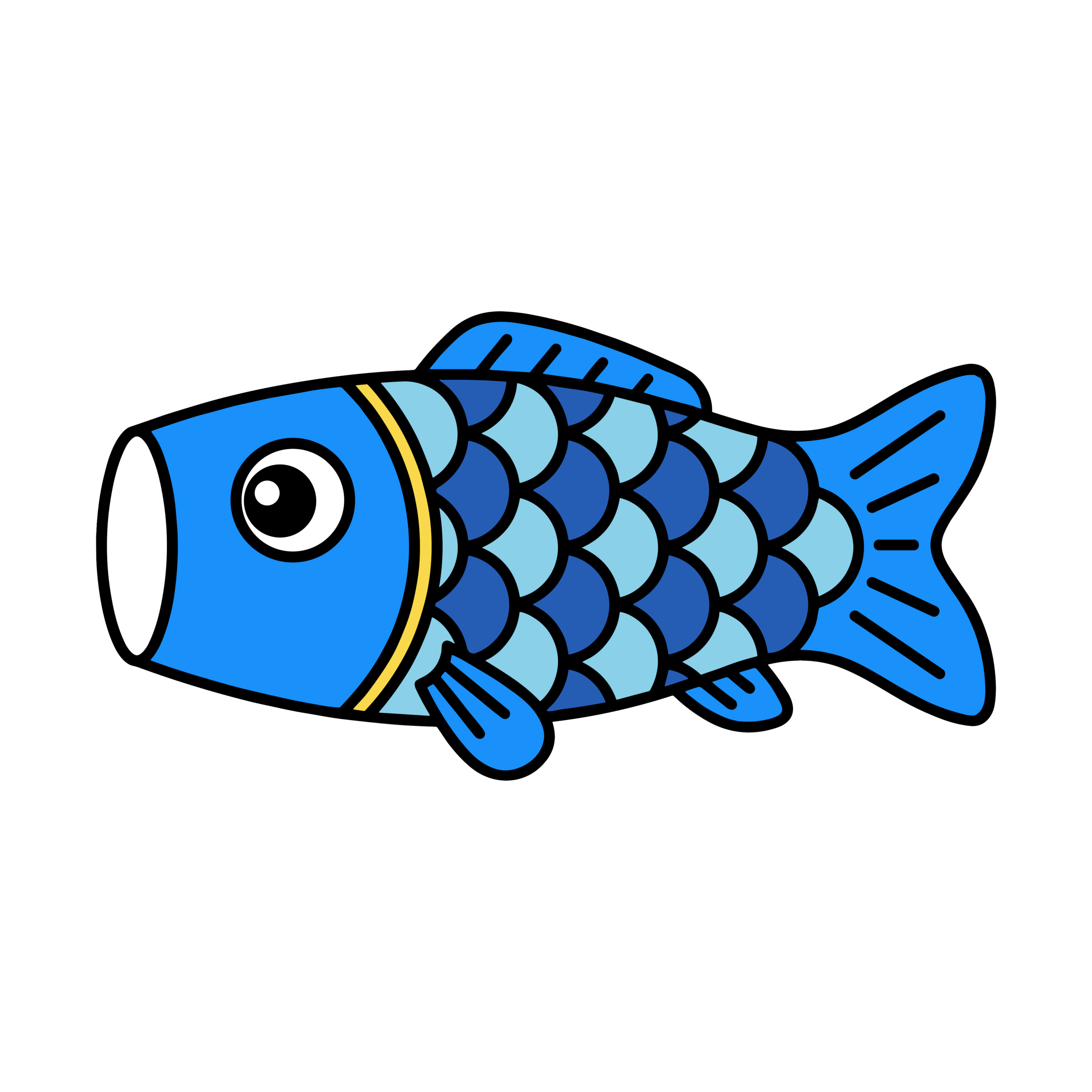 青色のこいのぼりを描いたかわいいイラスト。こどもの日向け背景透過PNG素材。