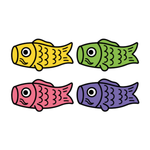 黄色・緑・ピンク・紫のかわいいこいのぼりイラストセット。こどもの日に使いやすい背景透過フリー素材です。