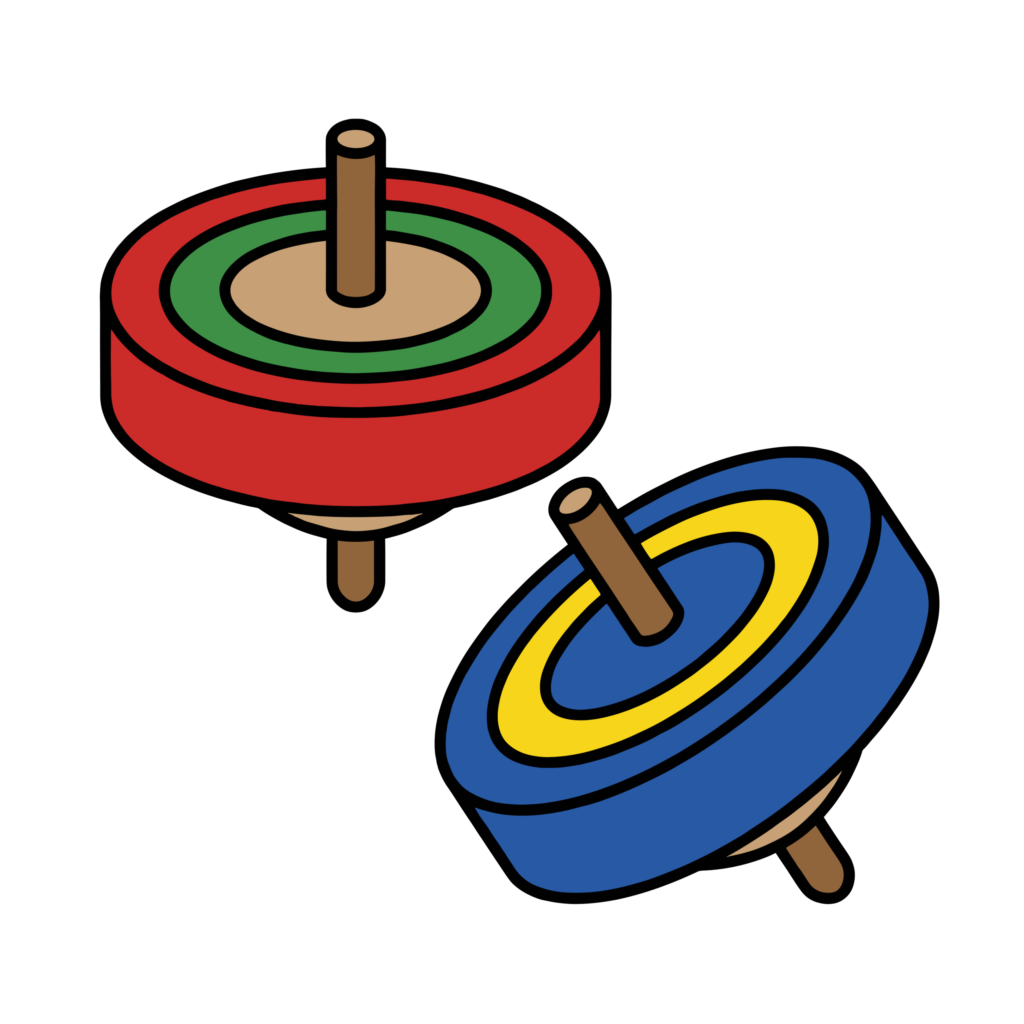 赤と青のこまが並んだかわいいイラスト。お正月遊びや日本の伝統行事に使いやすいフリー素材です。