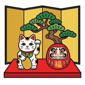 招き猫とだるまが並ぶお正月のかわいいイラスト。松と金屏風が描かれた縁起の良い和風フリー素材