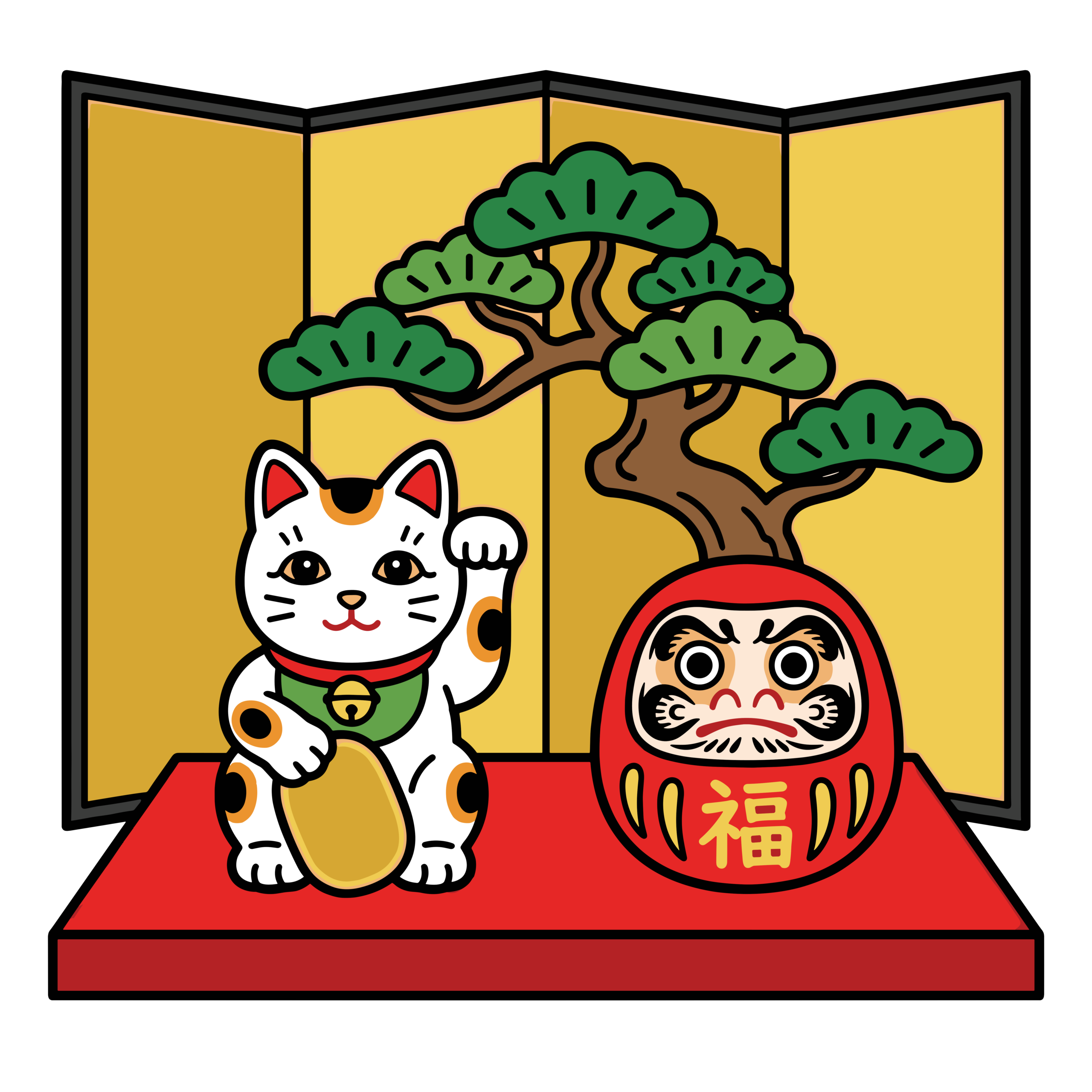 松と金屏風を背景に、招き猫とだるまが並んだ縁起の良いお正月イラストのフリー素材