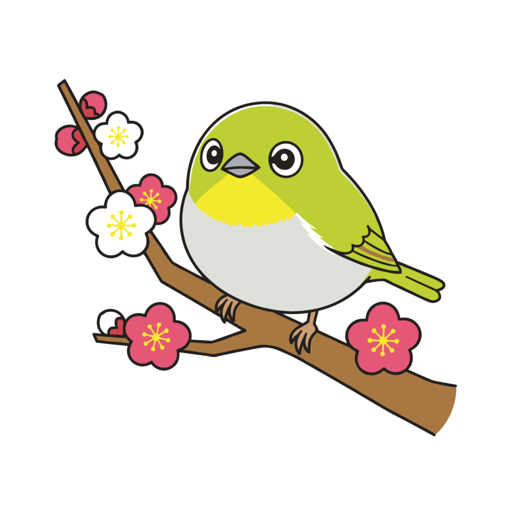 梅の花の枝にとまるメジロを描いたかわいい春のイラスト素材