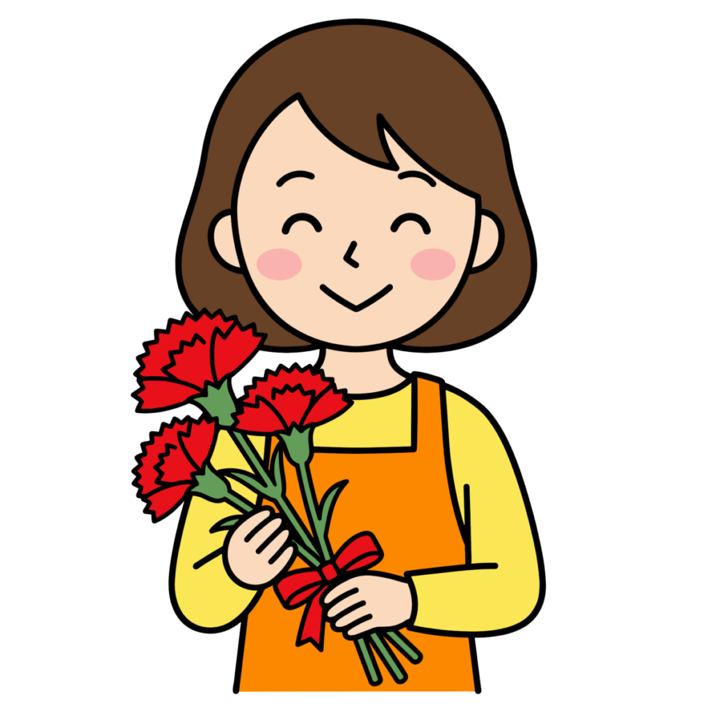 カーネーションの花束を持つ笑顔のママのかわいいイラスト。母の日に簡単に使える背景透過PNGのフリー素材