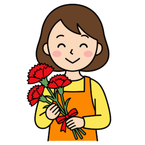 カーネーションの花束を持つ笑顔のママのかわいいイラスト。母の日に簡単に使える背景透過PNGのフリー素材