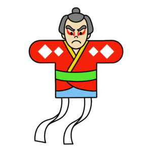 歌舞伎風の顔が描かれた正月の凧のかわいいイラスト。お正月遊びに使いやすい和風フリー素材です。