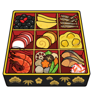 おせち料理が詰まった重箱のイラスト。正月を代表する和食の定番素材