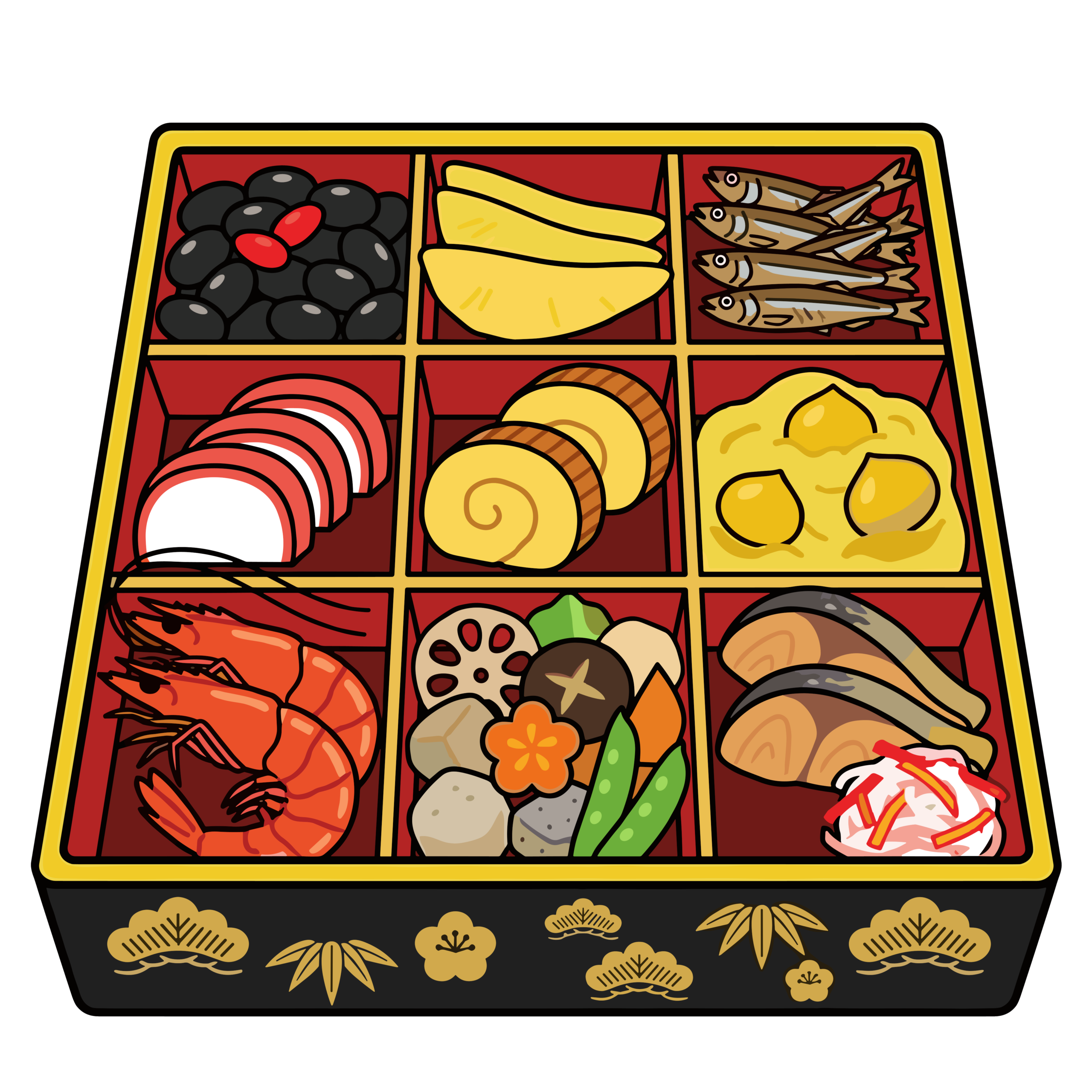 おせち料理が詰まった重箱のイラスト。正月の食卓を表す背景透過PNG素材