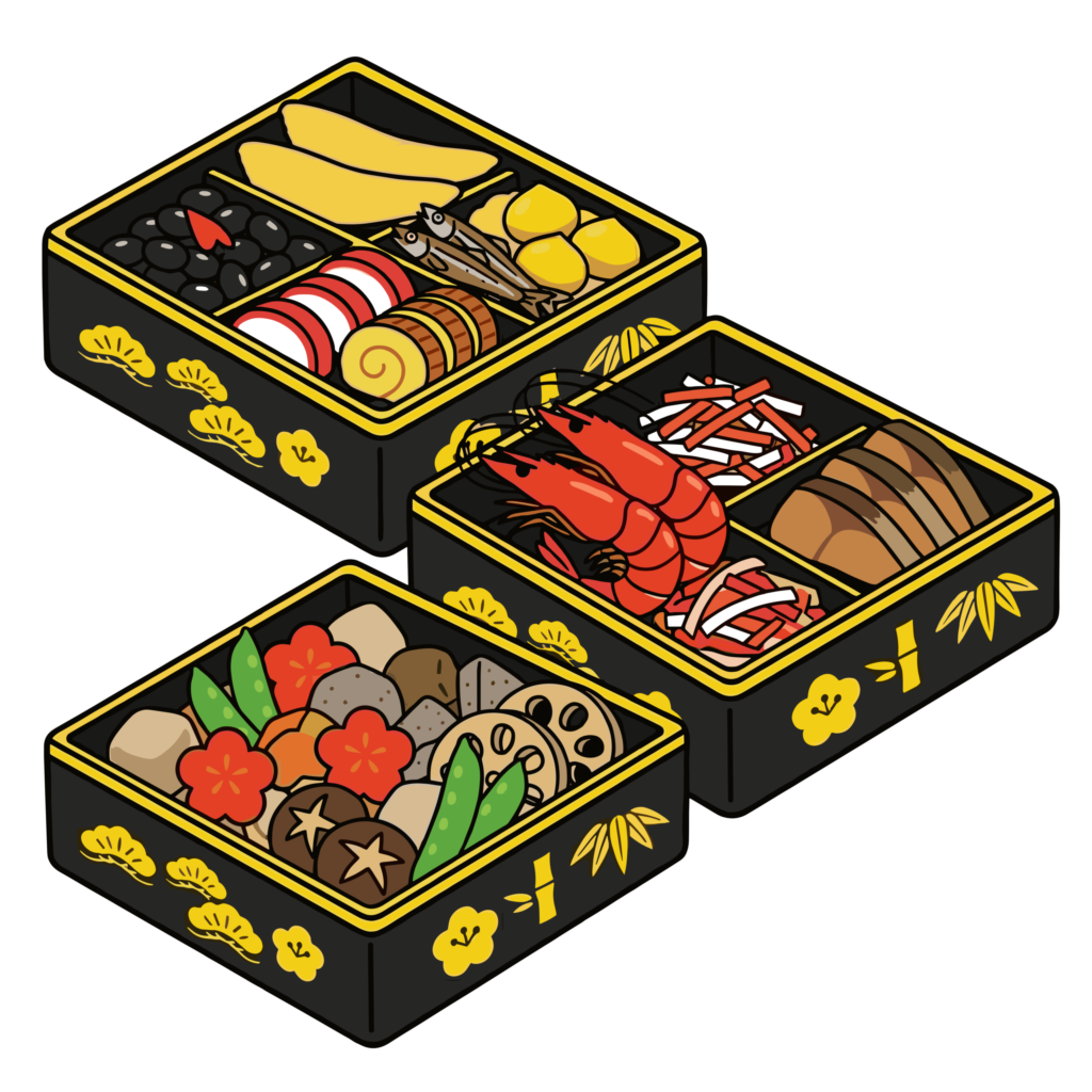 黒い重箱に詰められたおせち料理セットのイラスト。正月を代表する和食素材