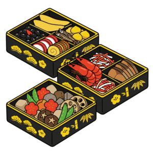 黒い重箱に詰められたおせち料理セットのイラスト。正月を代表する和食素材