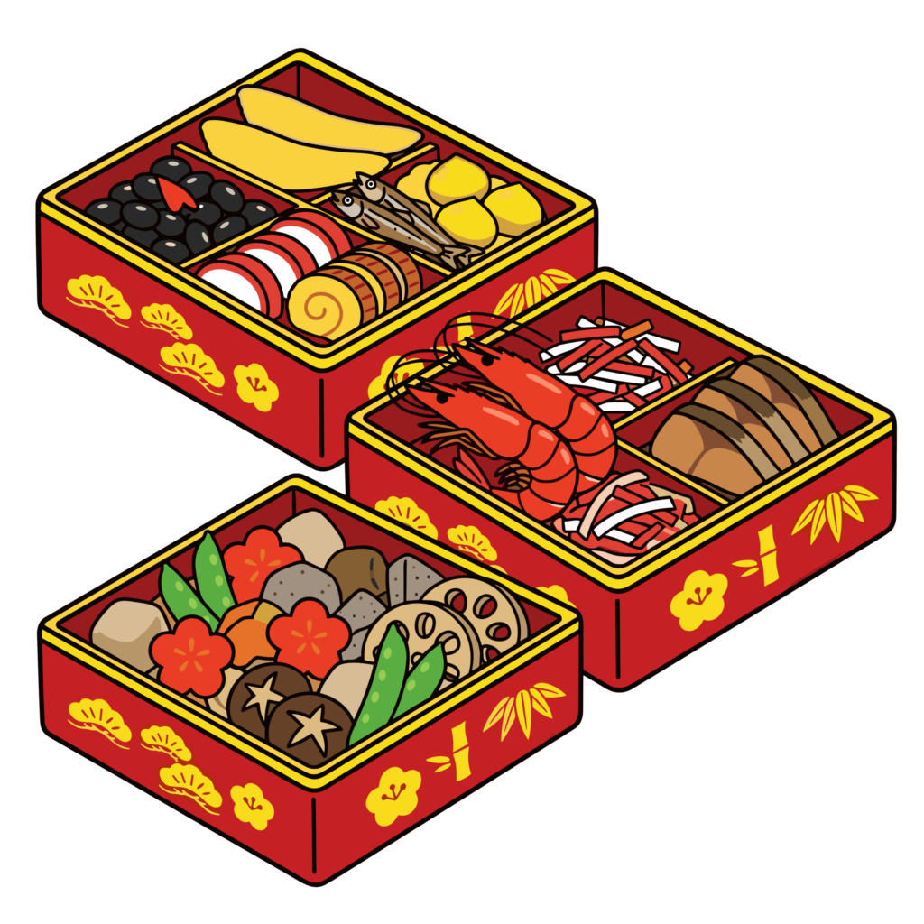赤い重箱に詰められたおせち料理セットのイラスト。正月を代表する和食素材