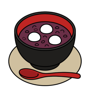 お椀に入ったおしるこのイラスト。白いおもちが浮かぶ和風でかわいい日本の甘味素材