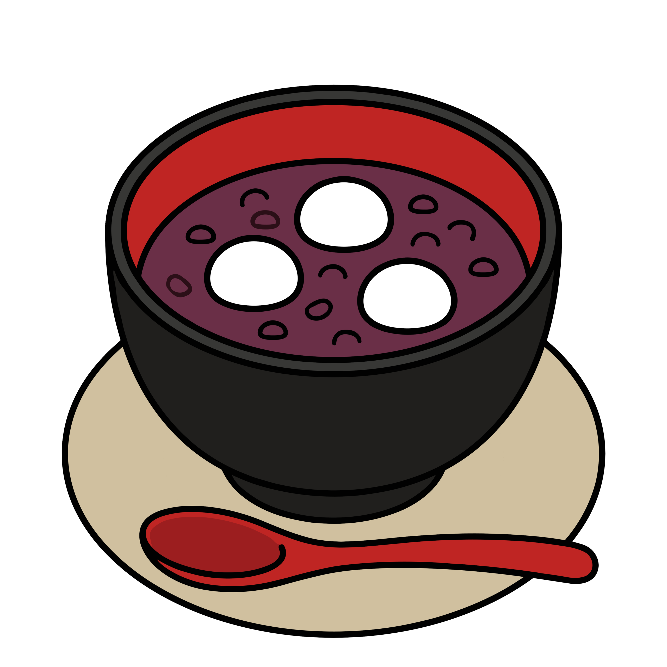 黒いお椀に入ったおしること白いおもちの和風イラスト。冬やお正月に使いやすい日本の甘味素材