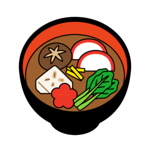お餅や野菜が入ったお雑煮のかわいいイラスト。お正月の食卓や和風デザインに使いやすいフリー素材です。