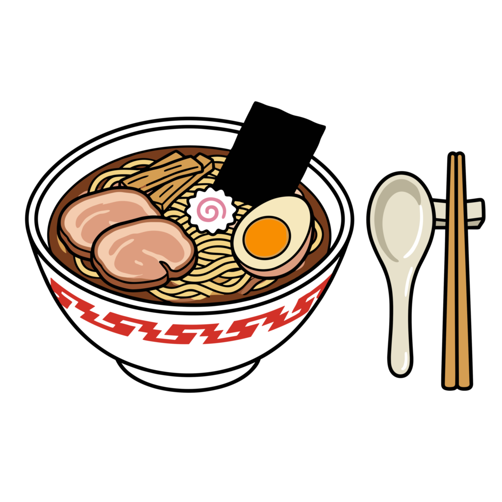 ラーメン丼に盛り付けられたラーメンのイラスト。チャーシューや味玉、なるとがのったかわいい和食風の背景透過素材です。