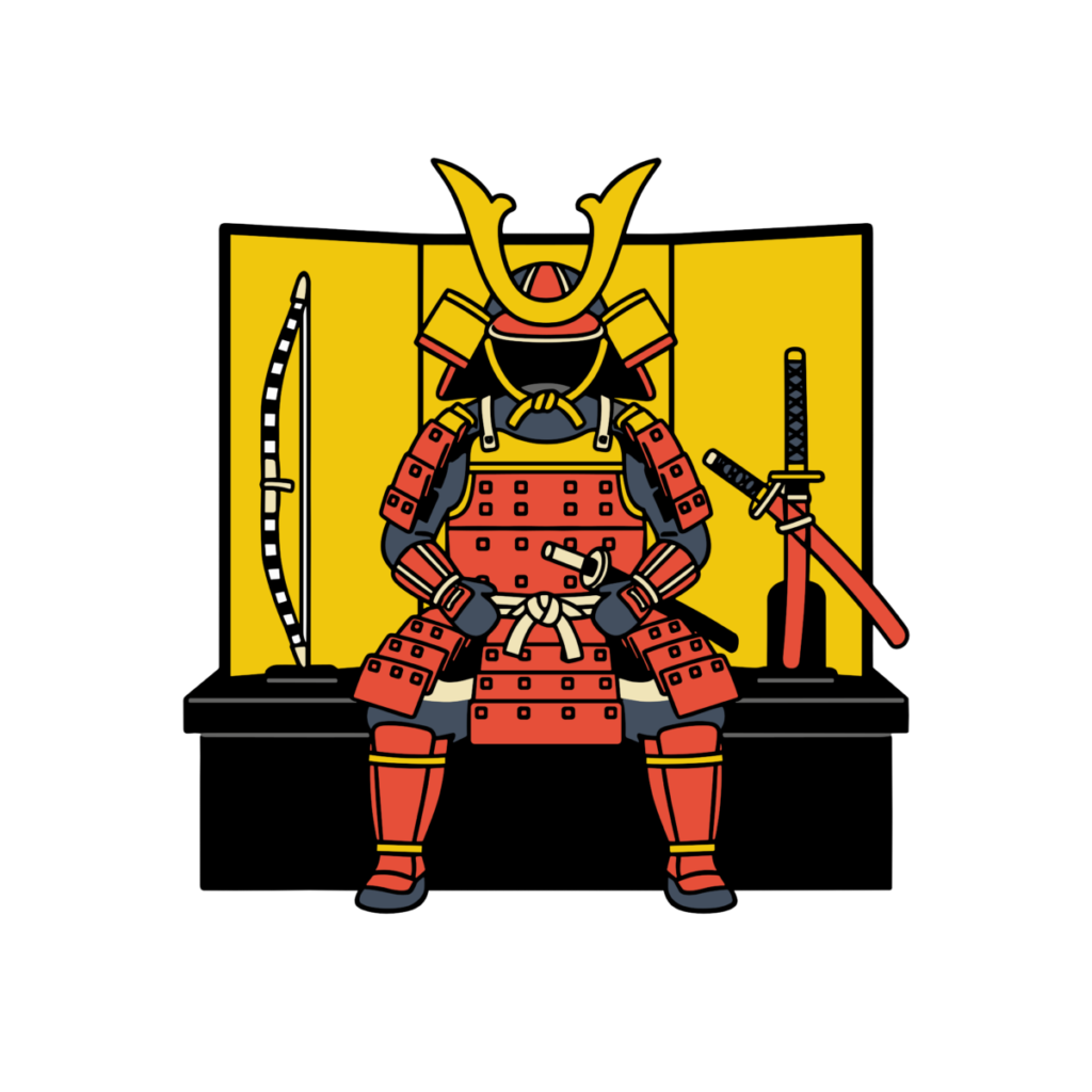 赤い鎧の五月人形のかわいいイラスト。こどもの日に簡単に使える背景透過素材です。