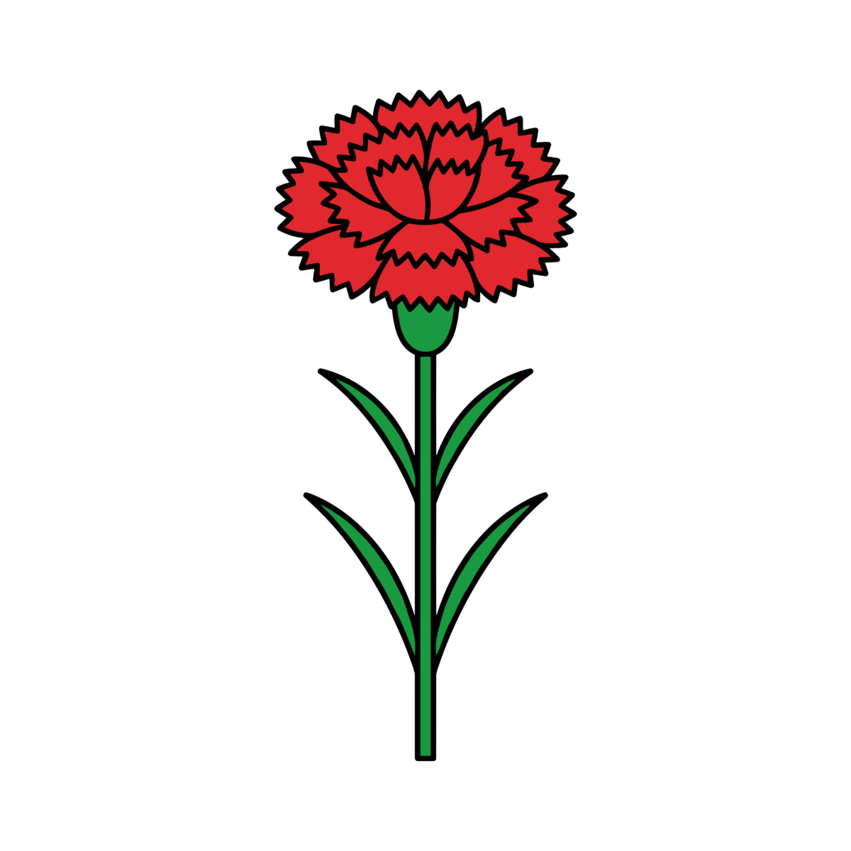 茎と葉が付いた赤いカーネーション1輪のかわいいイラスト。母の日に簡単に使える背景透過PNGのフリー素材です。