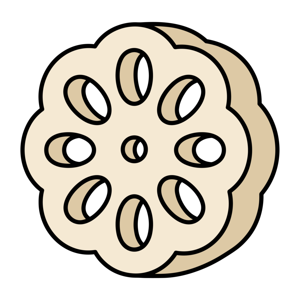 輪切りにしたれんこんのかわいいイラスト。おせち料理として使いやすい和風フリー素材です。