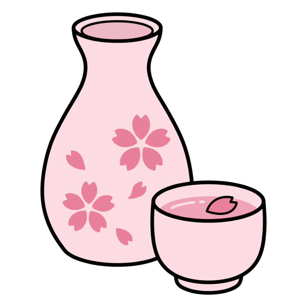 桜の花模様が入った徳利とお猪口のかわいい春らしいイラスト