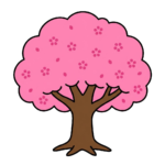 丸い形の桜の木が満開に咲いているかわいい春のイラスト