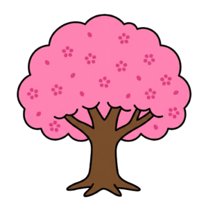 丸い形の桜の木が満開に咲いているかわいい春のイラスト