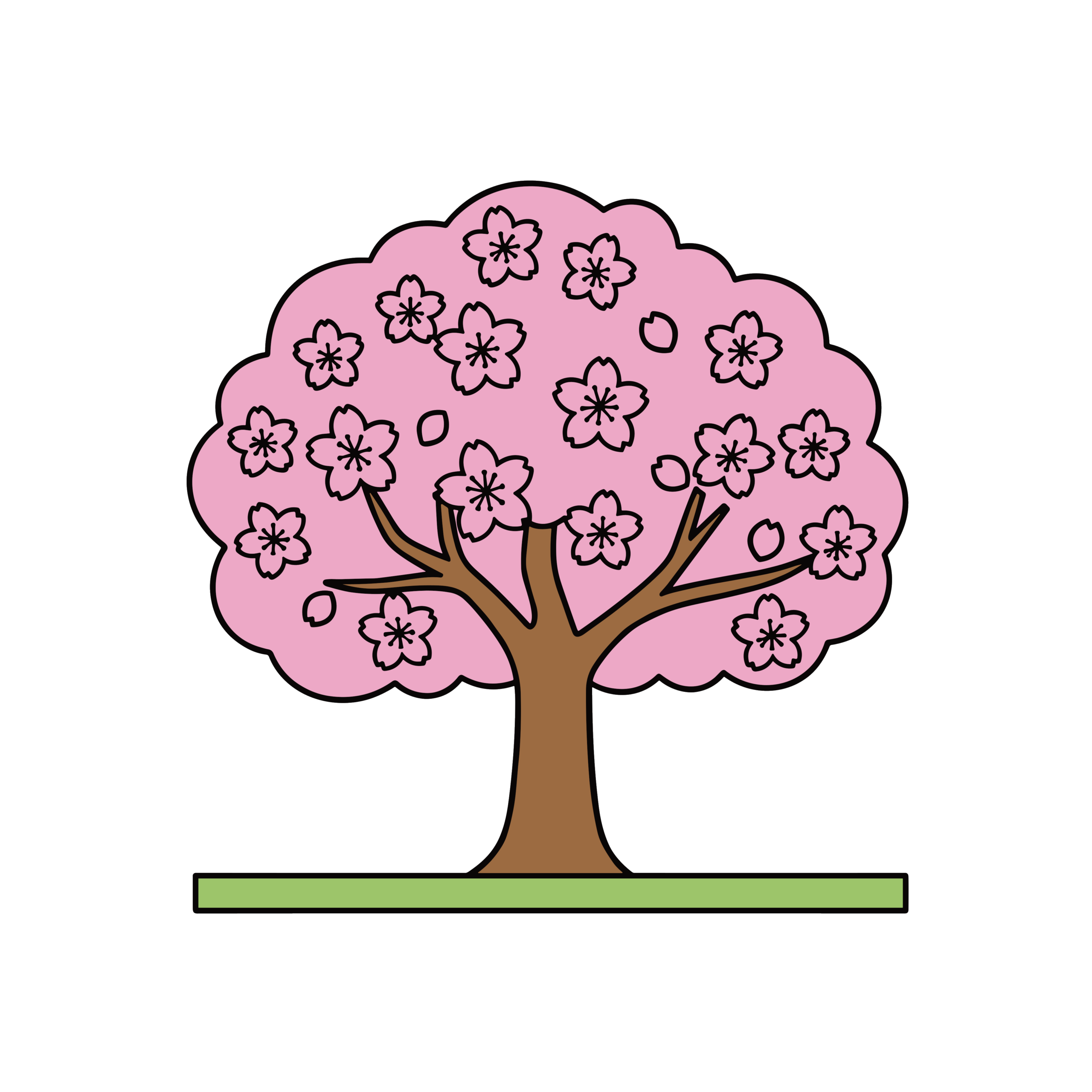 満開の桜の木を描いたかわいいイラスト。春の季節に使いやすい背景透過デザイン