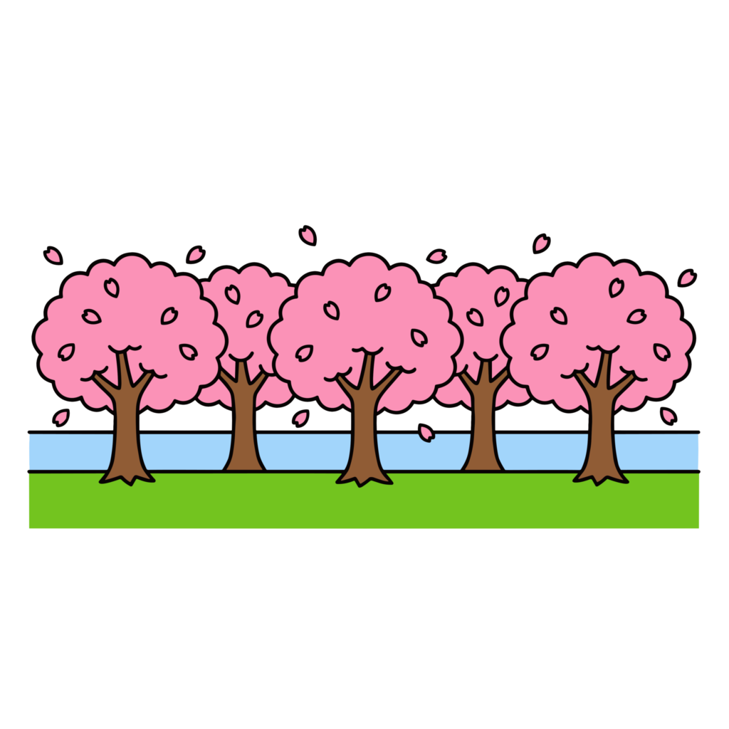 満開の桜の木が並んで咲いている春らしいかわいいイラスト