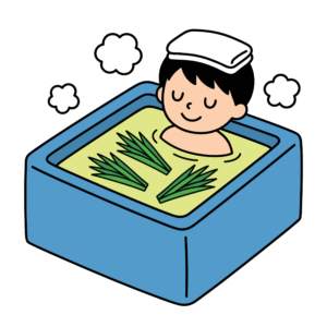 菖蒲湯に入って気持ちよさそうにしているかわいい男の子のイラスト