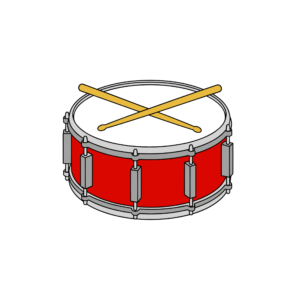 赤いスネアドラムとドラムスティックのかわいいイラスト。音楽や演奏をテーマに使いやすい背景透過のフリー素材です。