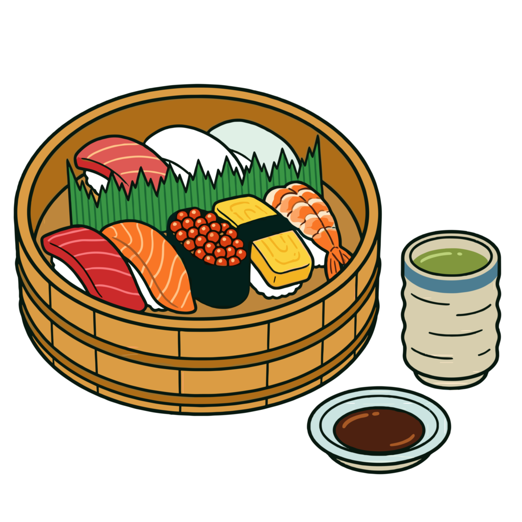 木桶に盛り付けられたお寿司セットのイラスト。まぐろやサーモン、えび、いくらなどが並んだ和食風のかわいい背景透過素材です。