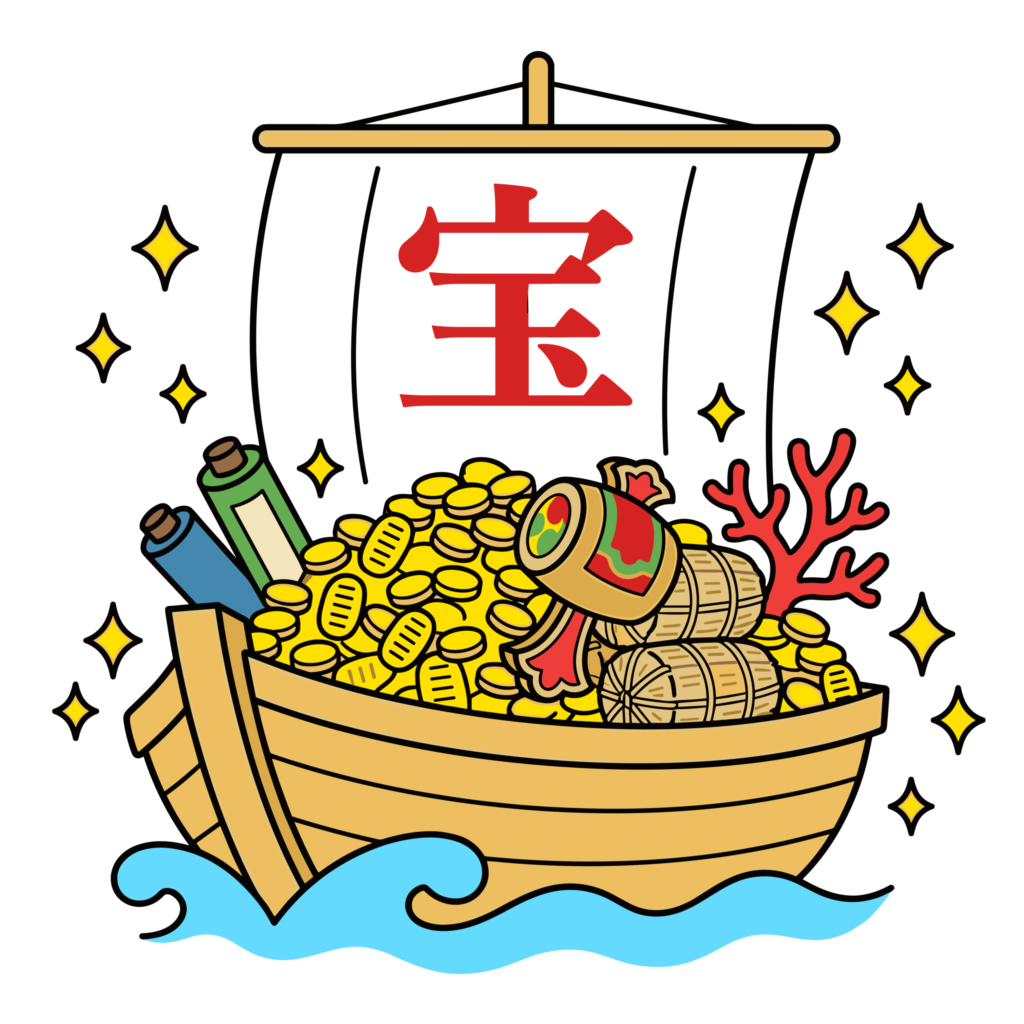 宝の文字が描かれた帆を掲げ、小判や宝物を積んだ宝船のかわいいイラスト。お正月に使える縁起の良いフリー素材です。
