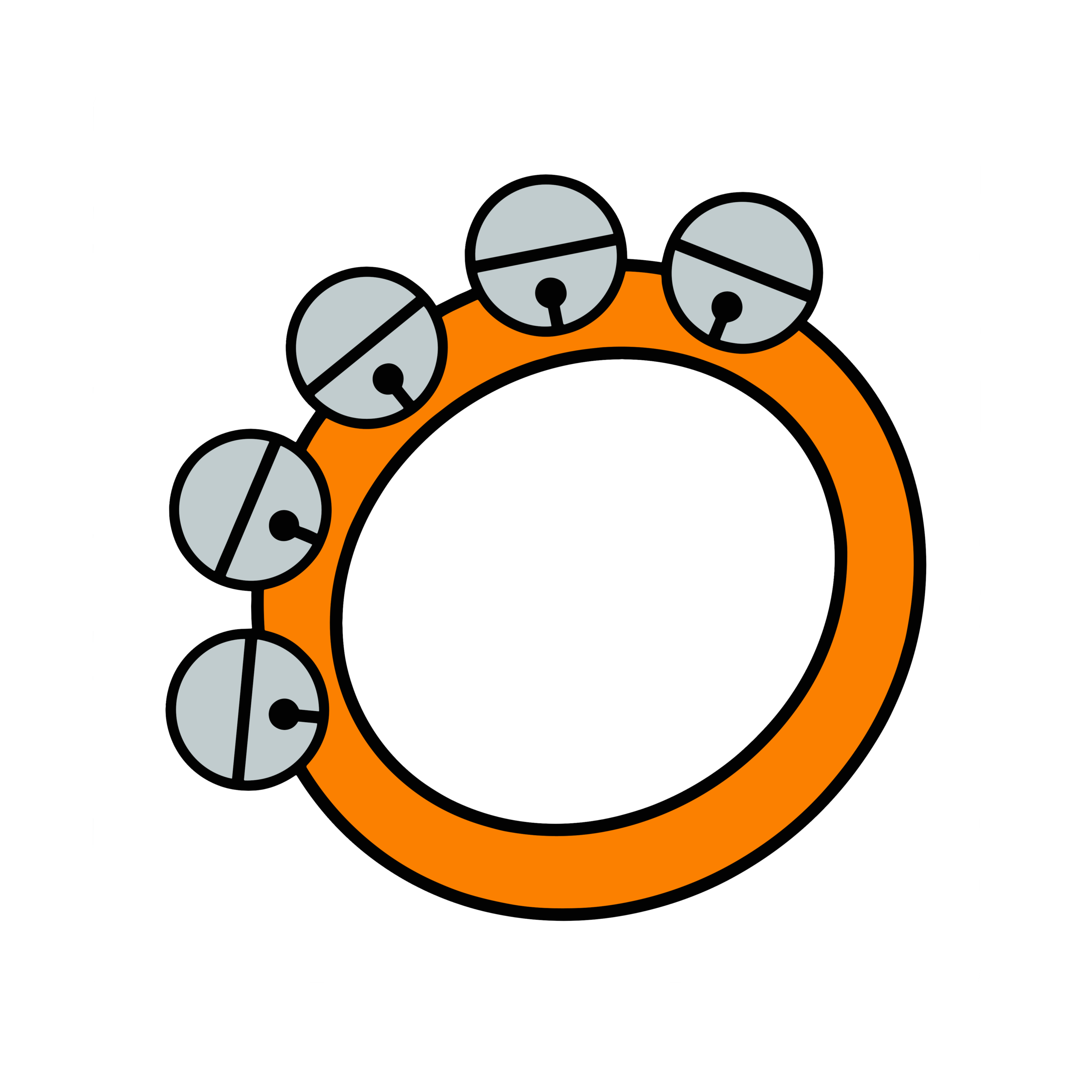 円形のオレンジ色フレームに複数の鈴が付いたタンバリンのイラスト。音楽やリズム遊びをイメージした打楽器素材。