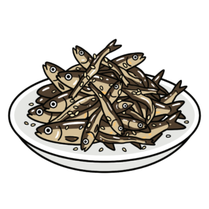 皿に盛られた田作りのかわいいイラスト。おせち料理として使いやすい和風フリー素材です。