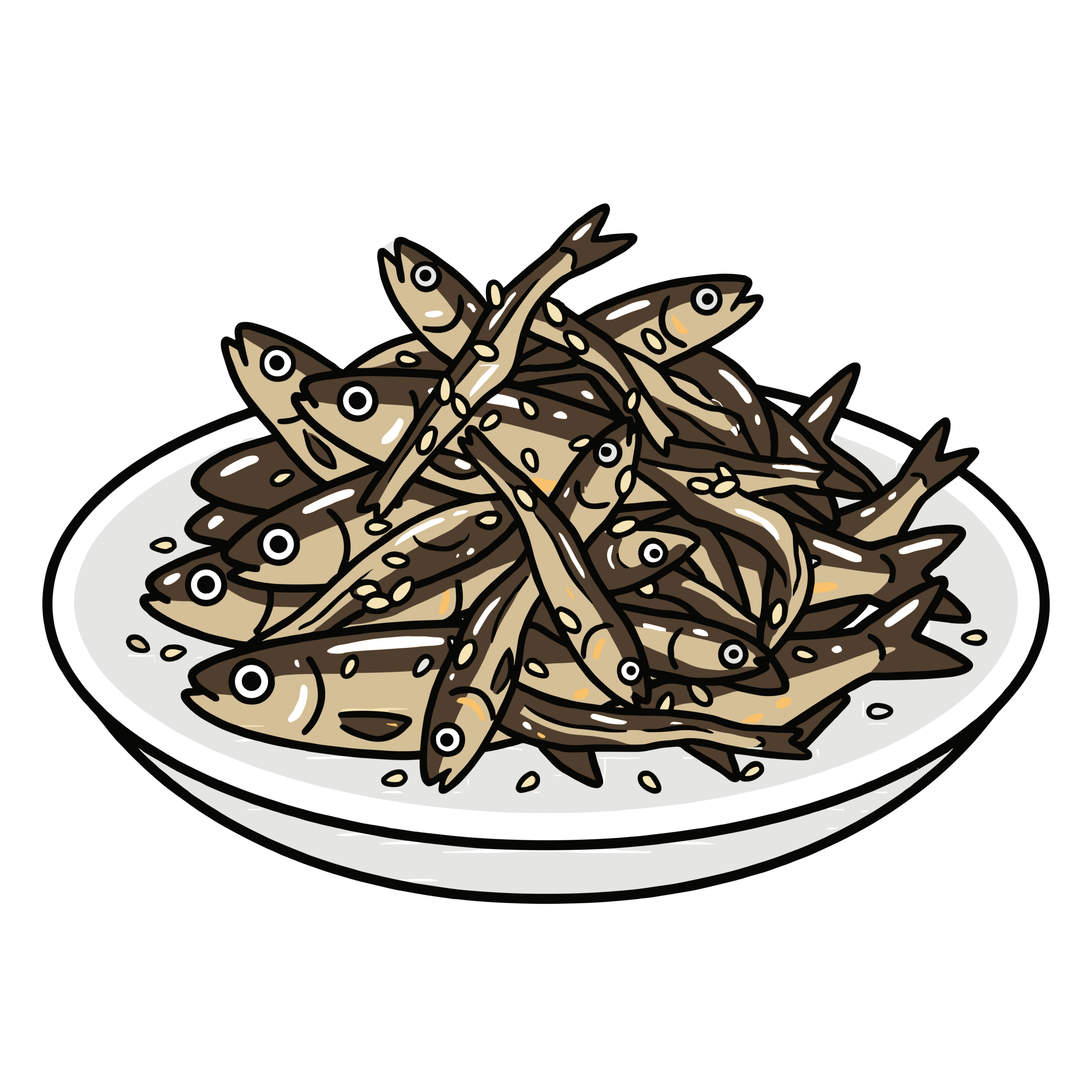 皿に盛られた田作りのかわいいイラスト。おせち料理として使いやすい和風フリー素材です。