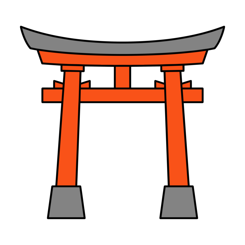 神社の入口に立つ赤い鳥居のイラスト。日本らしい和風デザインの背景透過素材