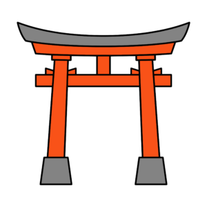 神社の入口に立つ赤い鳥居のイラスト。日本らしい和風デザインの背景透過素材