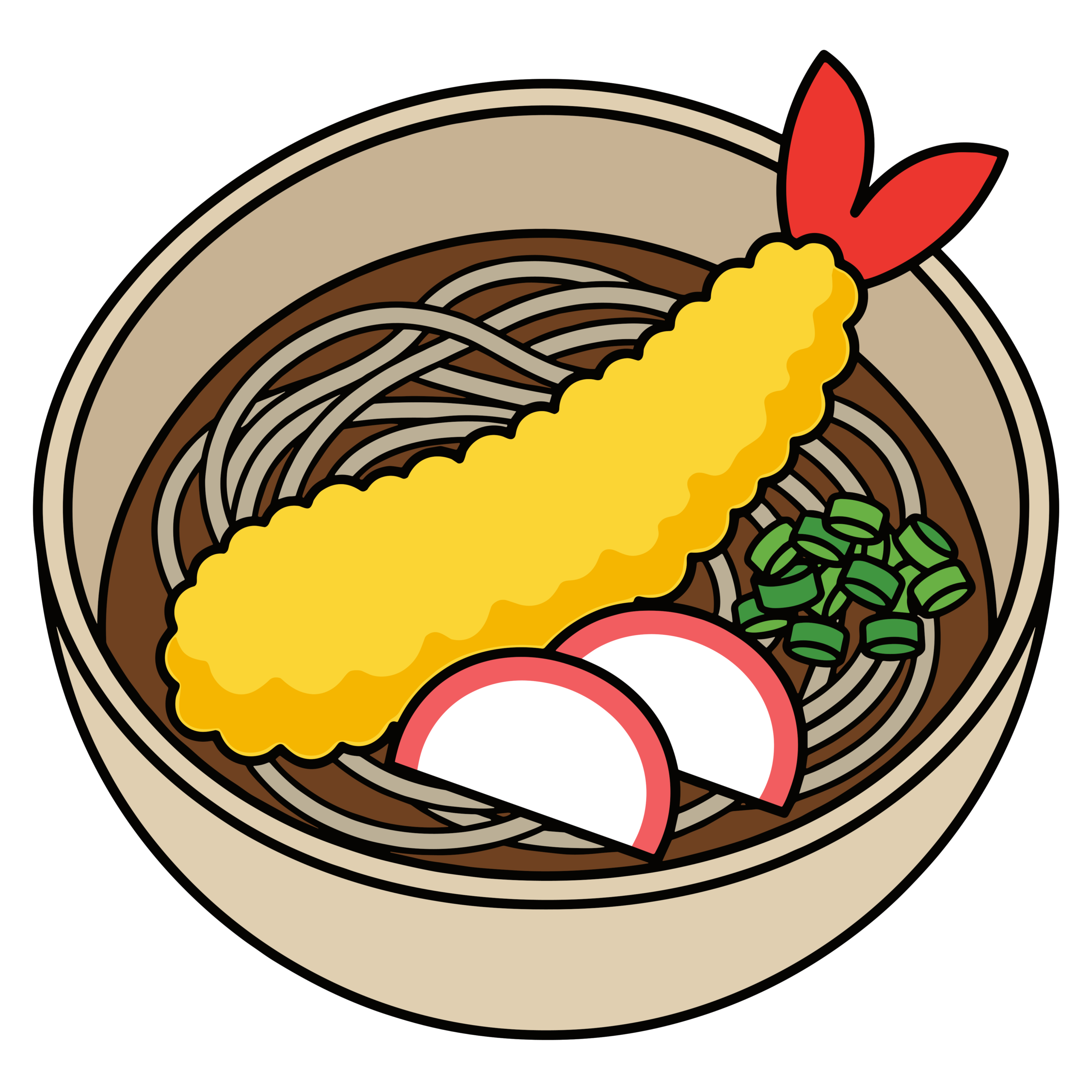 えび天がのった年越しそばのかわいいイラスト。大晦日に使いやすい和風フリー素材です。