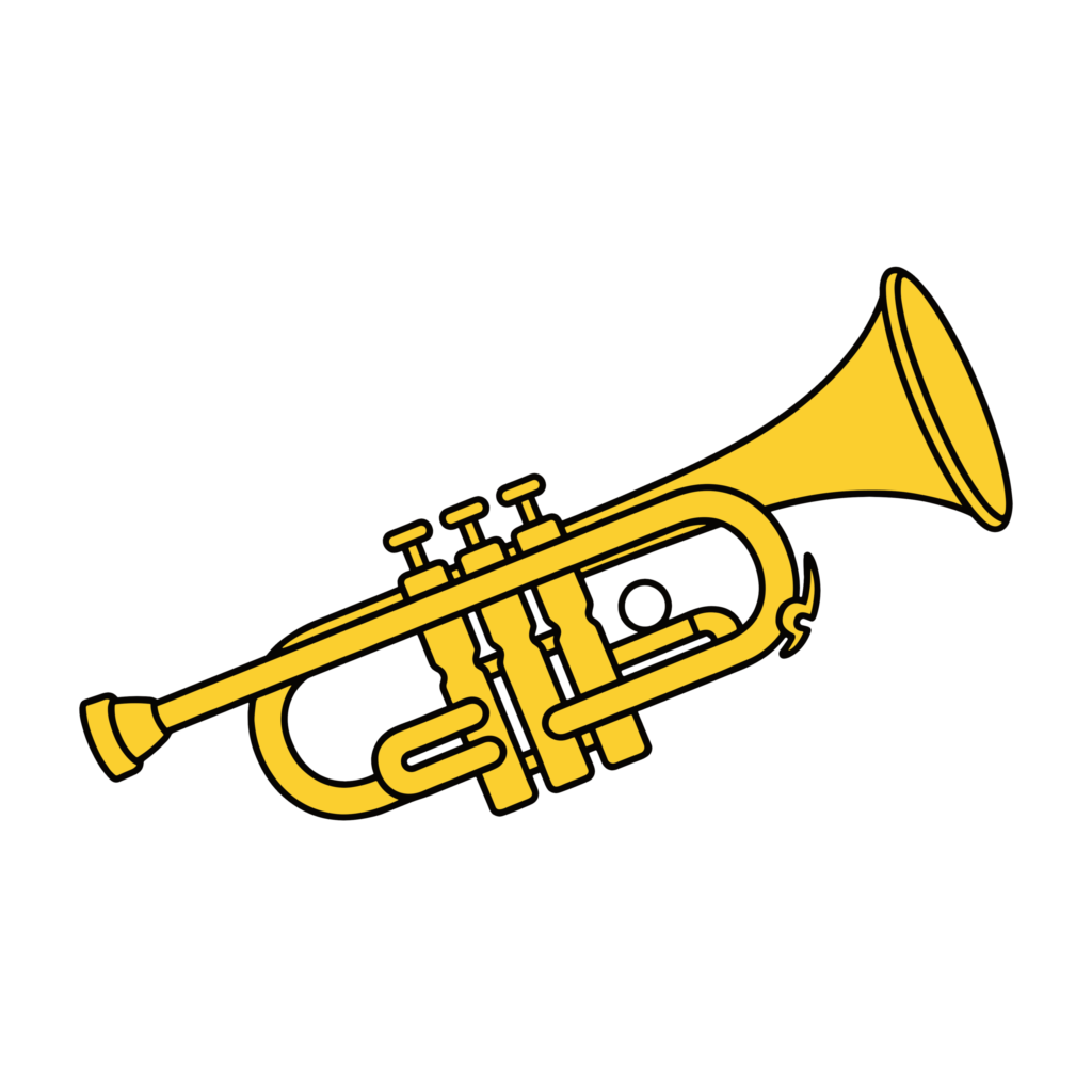 金色のトランペットを描いたかわいいイラスト。音楽や演奏をテーマに使いやすい背景透過のフリー素材です。