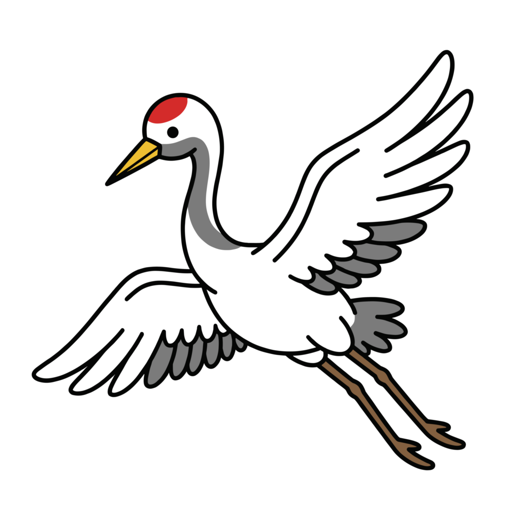 羽を広げて飛ぶ鶴のイラスト。長寿を象徴する縁起の良い和風素材