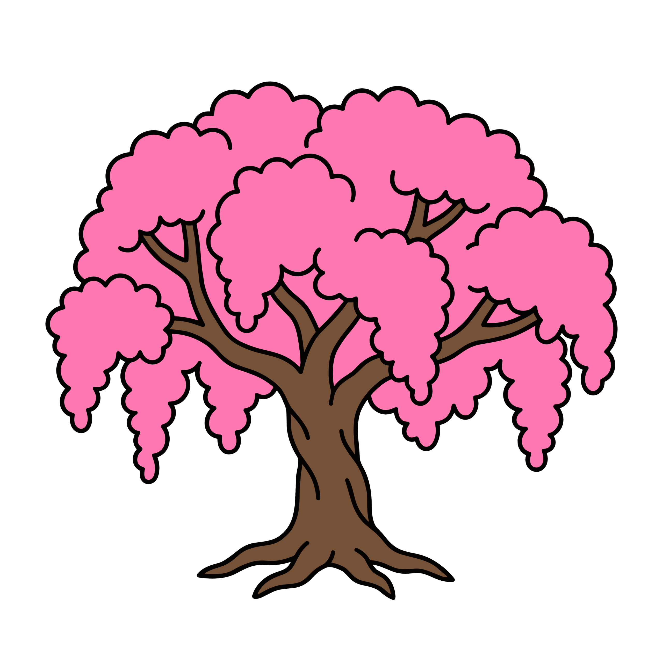 枝が垂れ下がりピンク色の花が咲いている枝垂れ桜のイラスト。春の行事に使いやすい背景透過PNG素材