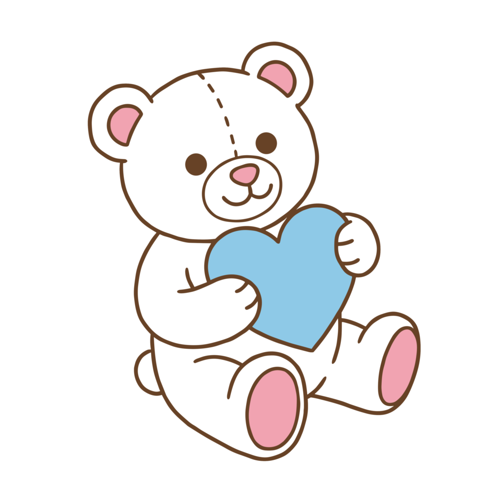 青いハートを抱えたかわいいくまのイラスト。ホワイトデーに使いやすい素材