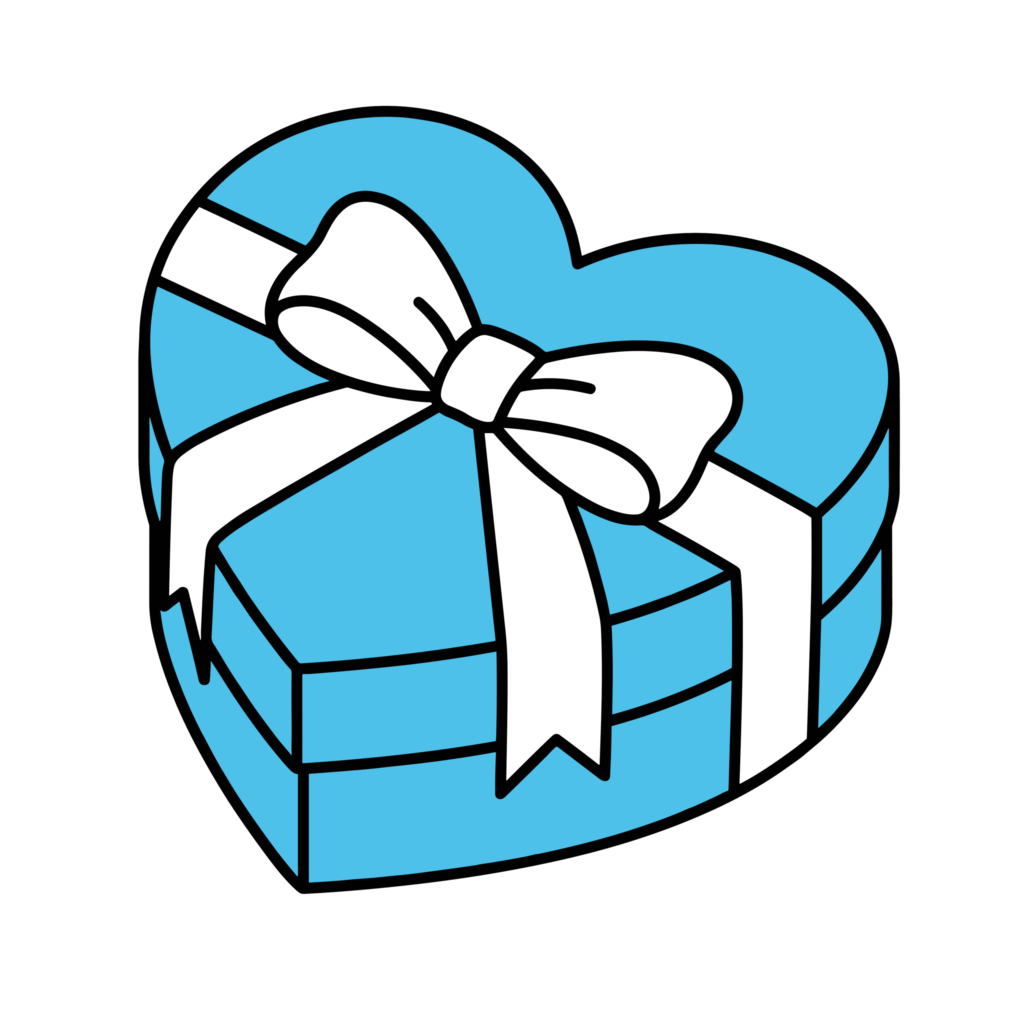 青いハート型のギフトボックスに白いリボンがかかったホワイトデー向けイラスト
