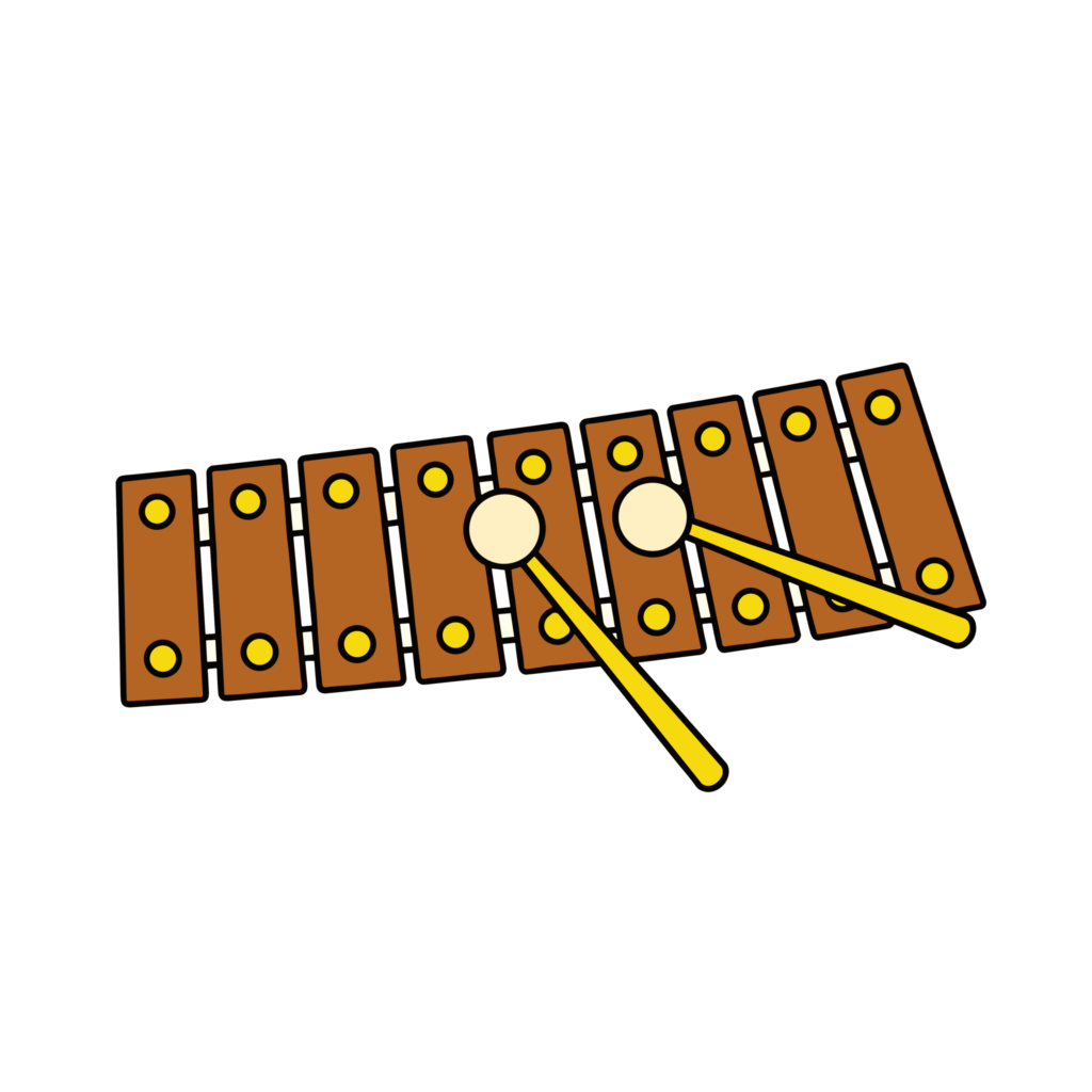 木製の木琴をマレットで叩いているかわいいイラスト。音楽や演奏をテーマに使いやすい背景透過のフリー素材です。